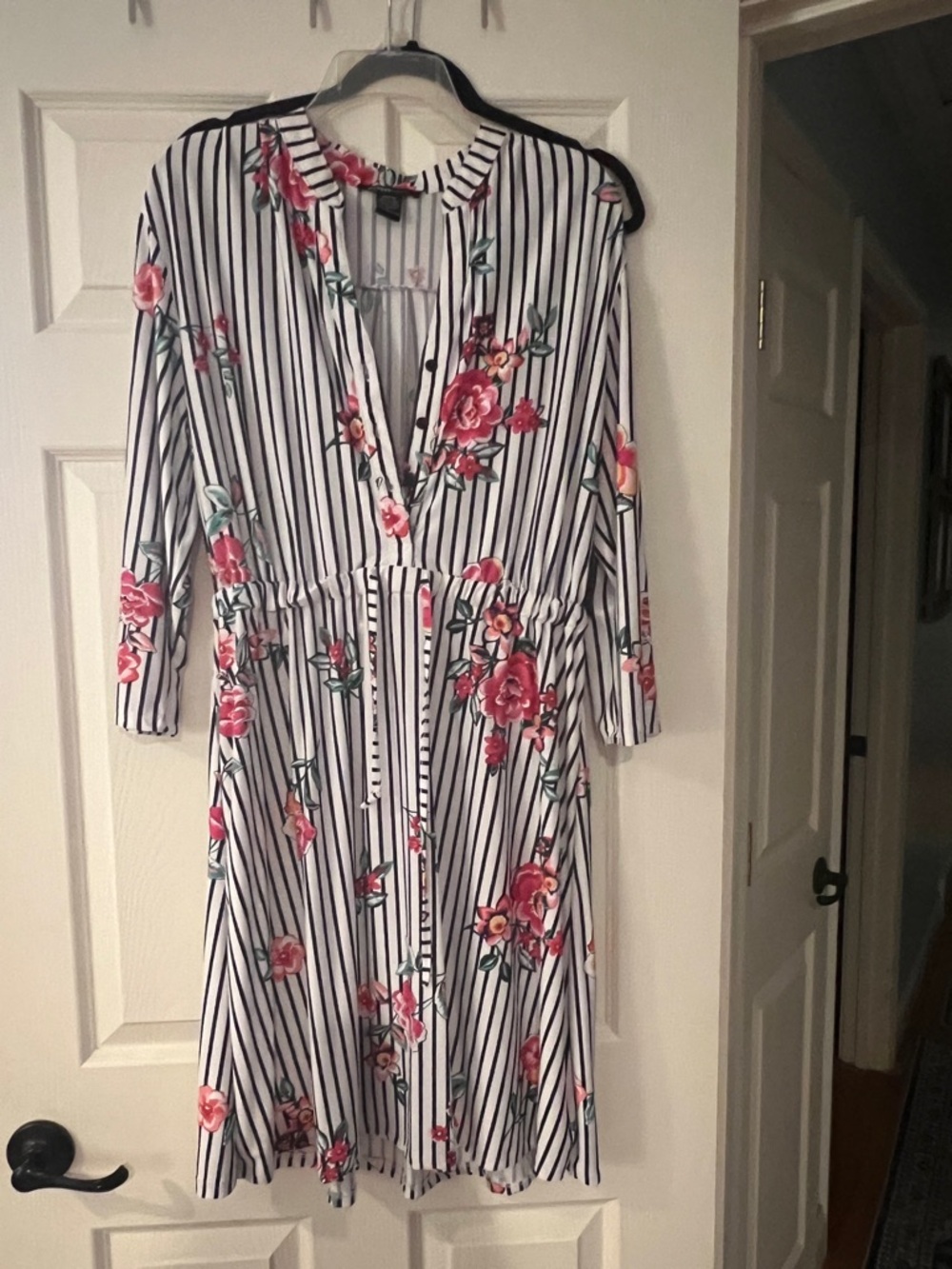 Striped Floral Midi Dress - White with Pink Floral